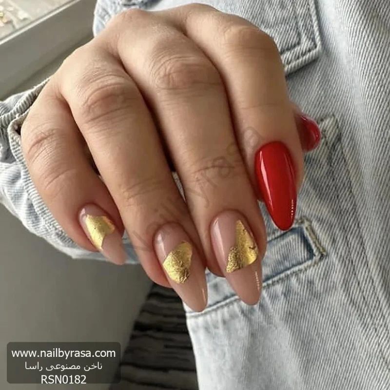 ناخن مصنوعی راسا مدل قرمز ورق طلا