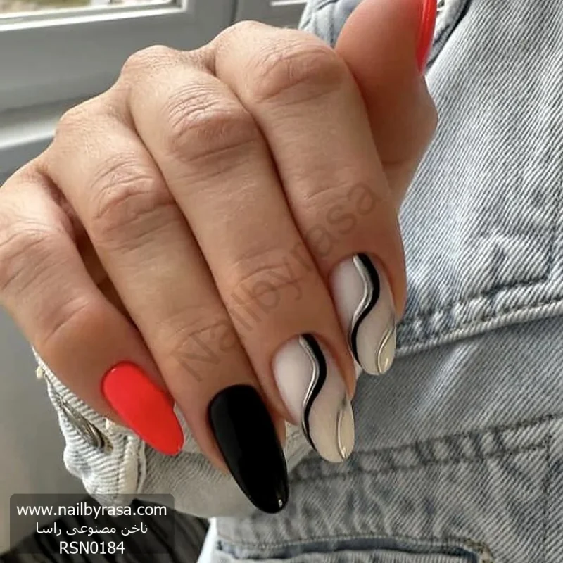 ناخن مصنوعی راسا مدل قرمز مشکی طرح متالیک