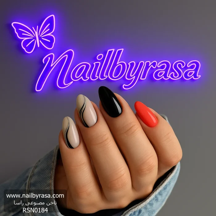 ناخن مصنوعی راسا مدل قرمز مشکی طرح متالیک