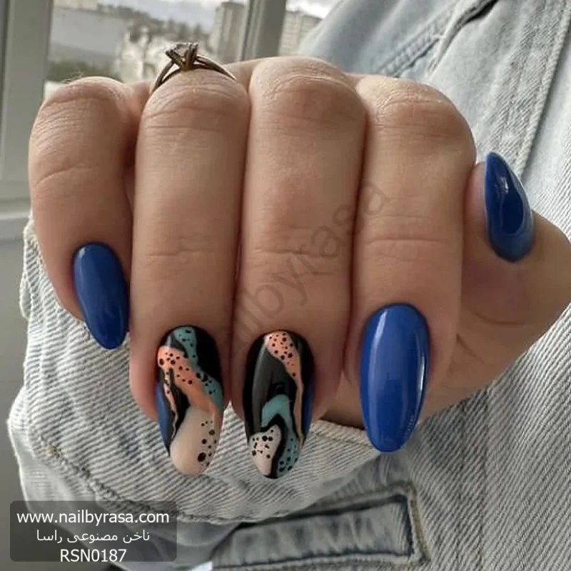 ناخن مصنوعی راسا مدل آبی نفتی طرح خط رنگی