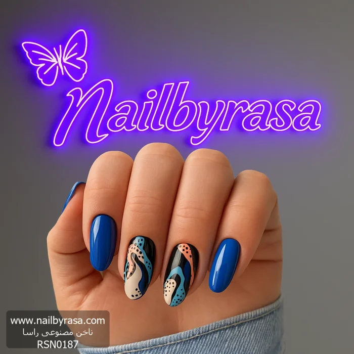 ناخن مصنوعی راسا مدل آبی نفتی طرح خط رنگی