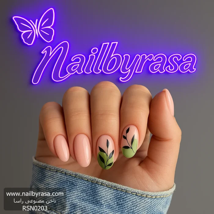 ناخن مصنوعی راسا مدل هلویی سبز طرح برگ