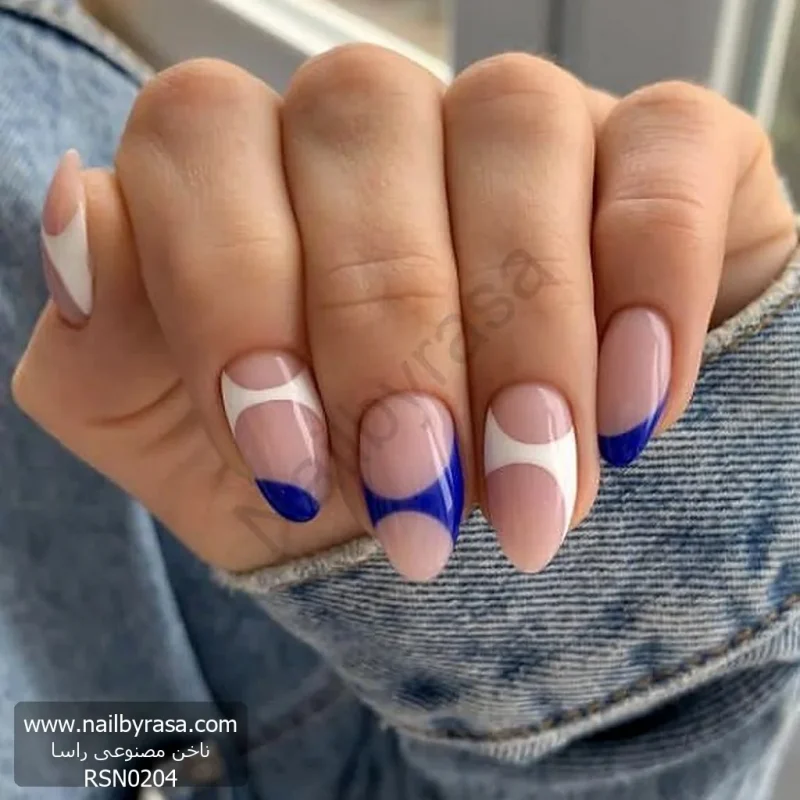 ناخن مصنوعی راسا مدل مینیمال سفید و آبی نفتی