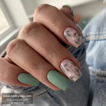 ناخن مصنوعی راسا مدل سبز طرح برگ و شکوفه