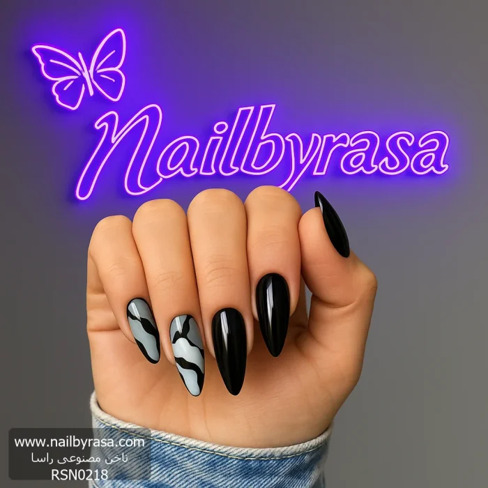 ناخن مصنوعی راسا مدل مشکی طوسی طرح ماربل خطی
