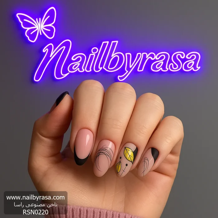 ناخن مصنوعی راسا مدل مشکی طرح برگ و خط