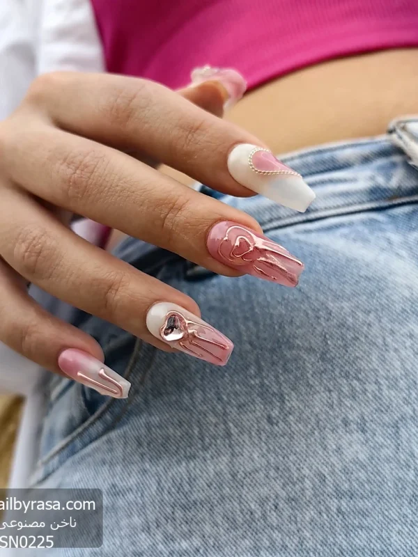 ناخن مصنوعی برجسته صورتی راسا طرح قلب نگین دار