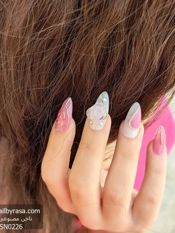ناخن مصنوعی برجسته صورتی راسا طرح قلب نگین دار