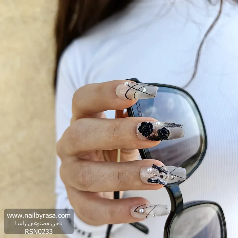 ناخن مصنوعی برجسته راسا طرح طوسی شیری طرح گل و پروانه کد RSR395