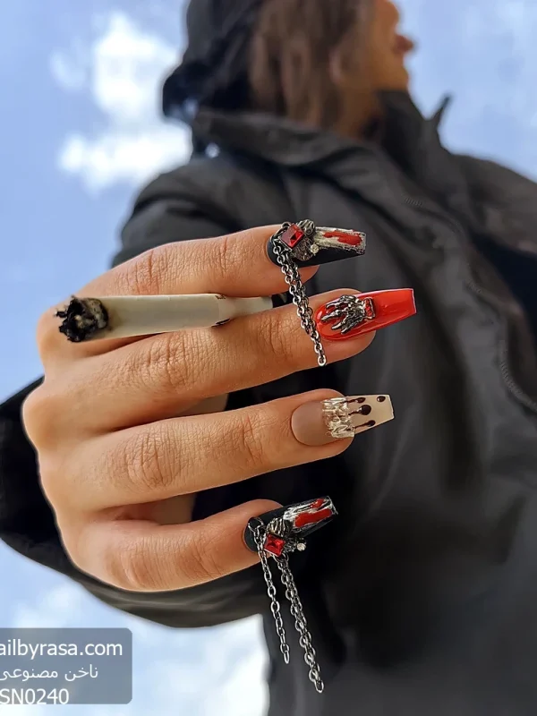 ناخن مصنوعی راسا مدل مشکی قرمز طرح اسکلت زنجیر دار دارک کد RSR1085