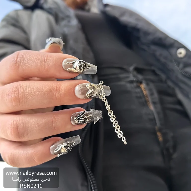 ناخن مصنوعی راسا مدل مشکی طوسی طرح اسکلت و قلب زنجیردار دارک کد RSR1075