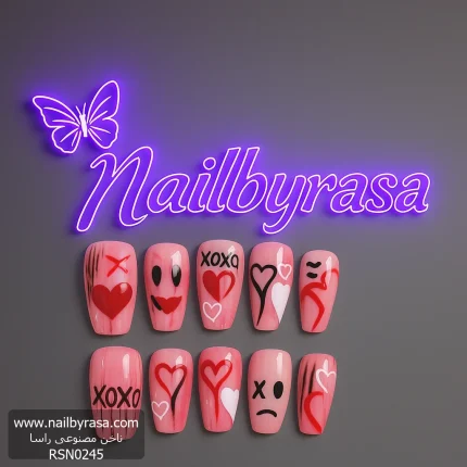ناخن مصنوعی راسا مدل صورتی طرح اسمایل دارک کد RSR053