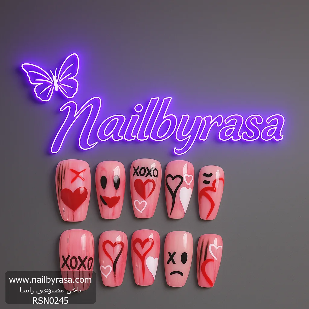 RSN0245 ناخن مصنوعی راسا مدل صورتی طرح اسمایل دارک کد RSR053