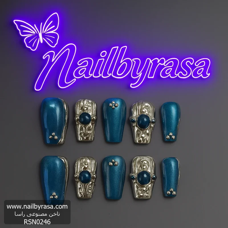 ناخن مصنوعی راسا مدل سرمه ای نقره ای طرح آبنباتی نگینی کد RSR1212