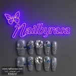 ناخن مصنوعی راسا مدل آبی بیبی شیری طرح نگین دار ستاره ای کد RSR832