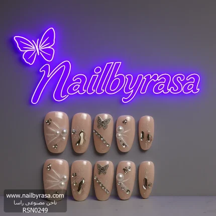 ناخن مصنوعی راسا مدل هلویی طرح گل و پروانه کد RSR938