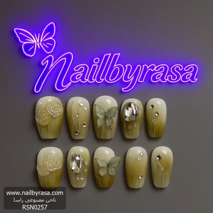 ناخن مصنوعی راسا مدل بیبی بومر سبز طرح گل و پروانه کد RSR621