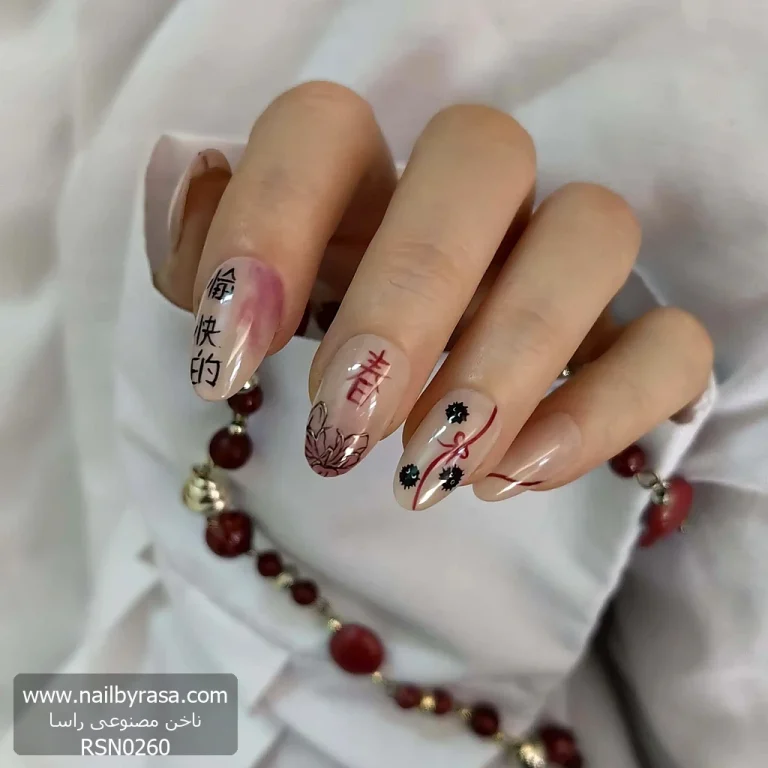 ناخن مصنوعی کوتاه راسا طرح انیمه اژدهای چینی رنگ هلویی زرشکی