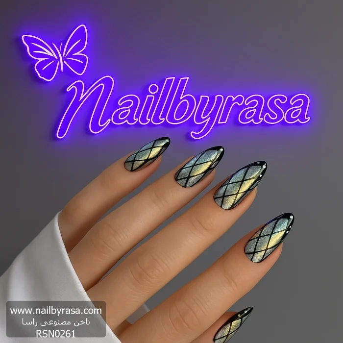 ناخن مصنوعی فرنچ مشکی راسا مدل کروم طرح بال مگسی