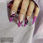 ناخن مصنوعی بلند تیز راسا مدل فرنچ و عنکبوت رنگ بنفش مشکی قد بلند