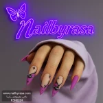 ناخن مصنوعی بلند تیز راسا مدل فرنچ و عنکبوت رنگ بنفش مشکی قد بلند