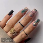 ناخن مصنوعی راسا مدل برگ و ورق طلا مینیمال رنگ سبز یشمی