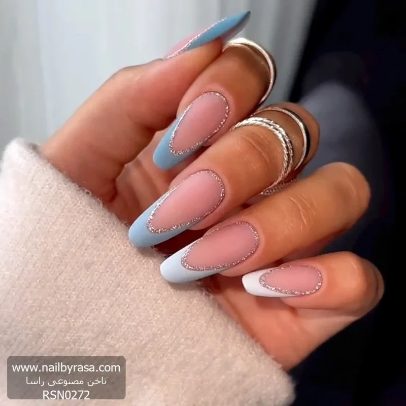 ناخن مصنوعی راسا طرح فرنچ مینیمال براق رنگ طیف آبی