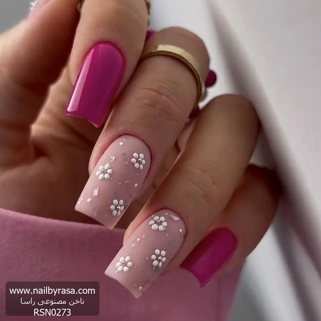 RSN0273-1 ناخن مصنوعی راسا مدل گل بابونه برجسته رنگ سرخابی هلویی