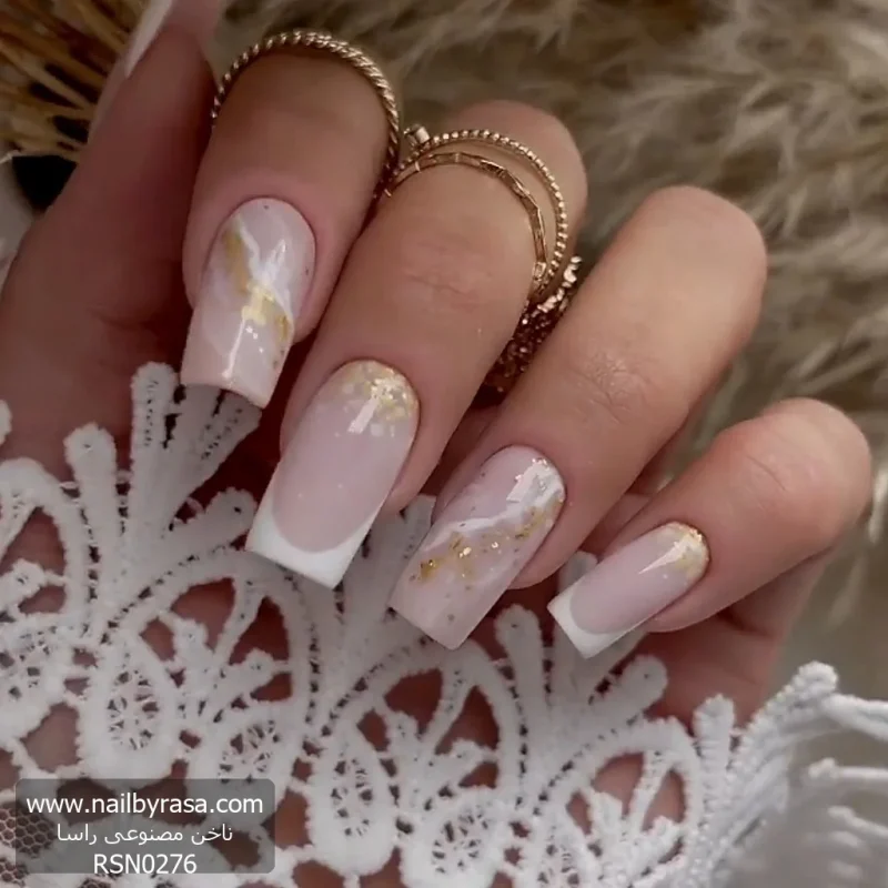 ناخن مصنوعی راسا مدل فرنچ و ماربل طلایی رنگ بیس و سفید مناسب عروس