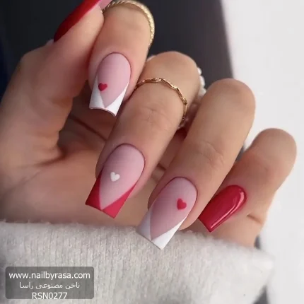 ناخن مصنوعی راسا مدل قلب و فرنچ خطی رنگ سفید و قرمز