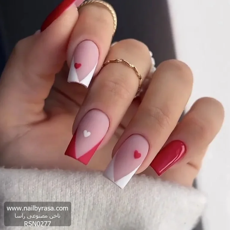 ناخن مصنوعی راسا مدل قلب و فرنچ خطی رنگ سفید و قرمز