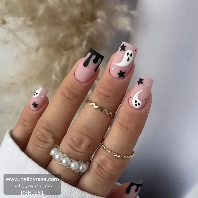 ناخن مصنوعی راسا طرح روح و ستاره دارک رنگ هلویی مشکی