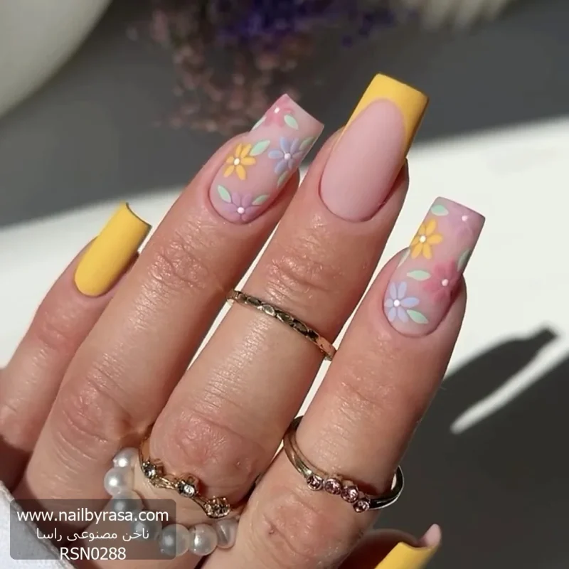 ناخن مصنوعی راسا طرح گل بابونه رنگی رنگ زرد