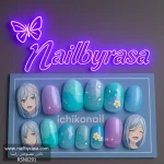 ناخن مصنوعی راسا طرح انیمه دختر و گل رنگ سبز آبی و یاسی RSH02