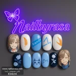 ناخن مصنوعی راسا طرح انیمه دختر رنگ آبی و شیری نارنجی RSH05