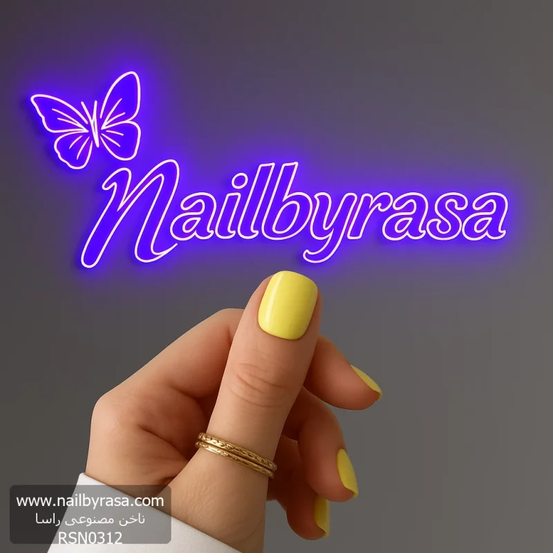 ناخن مصنوعی رنگی ساده راسا رنگ زرد فرم مربع گرد کوتاه