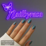 ناخن مصنوعی راسا مدل آبی نقره ای کهکشانی فرم مربع گرد کوتاه کد RSK1020