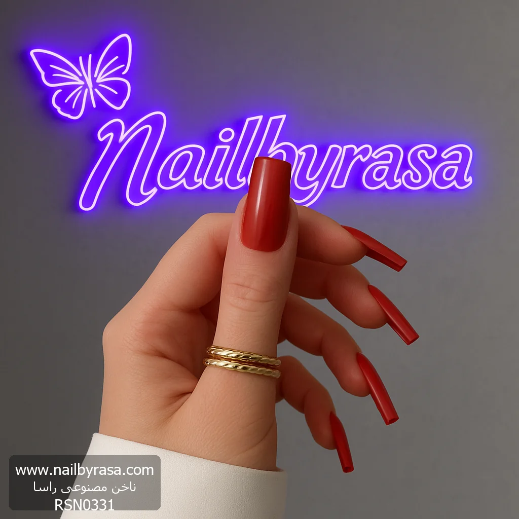 RSN0331 ناخن مصنوعی رنگی ساده راسا رنگ قرمز فرم مربع براق