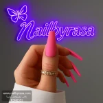 ناخن مصنوعی رنگی ساده راسا رنگ صورتی پاستیلی فرم گلدانی بلند مات