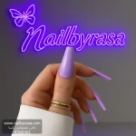 ناخن مصنوعی رنگی ساده راسا رنگ یاسی گلدانی بلند براق