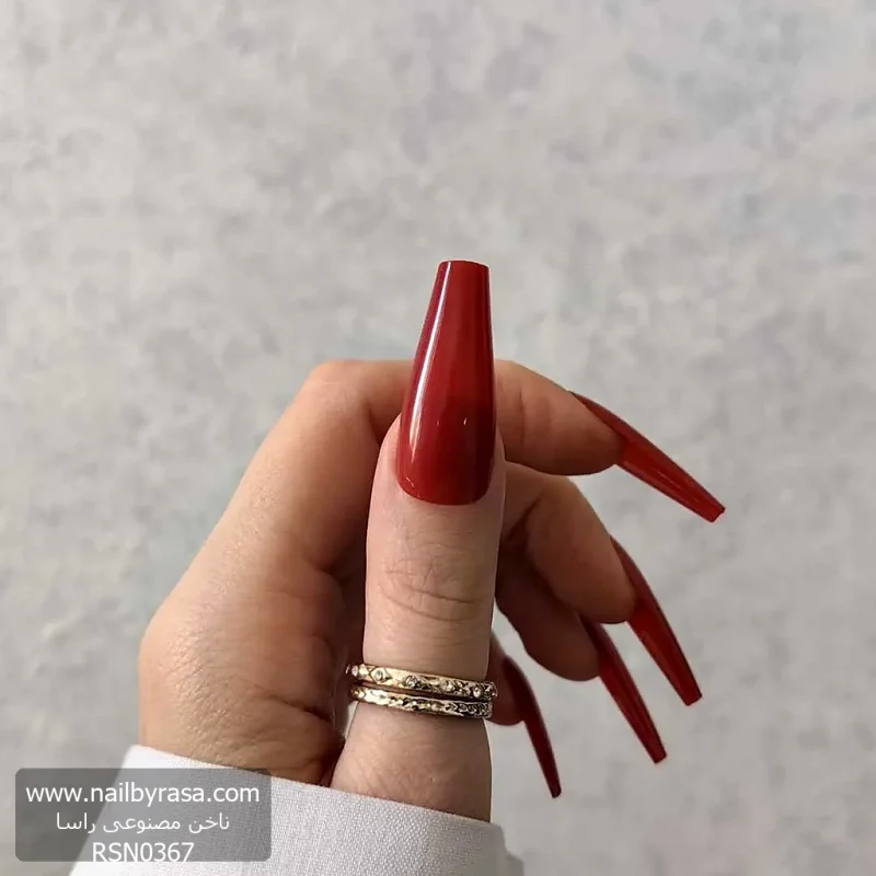 ناخن مصنوعی رنگی ساده راسا رنگ قرمز گلدانی بلند براق