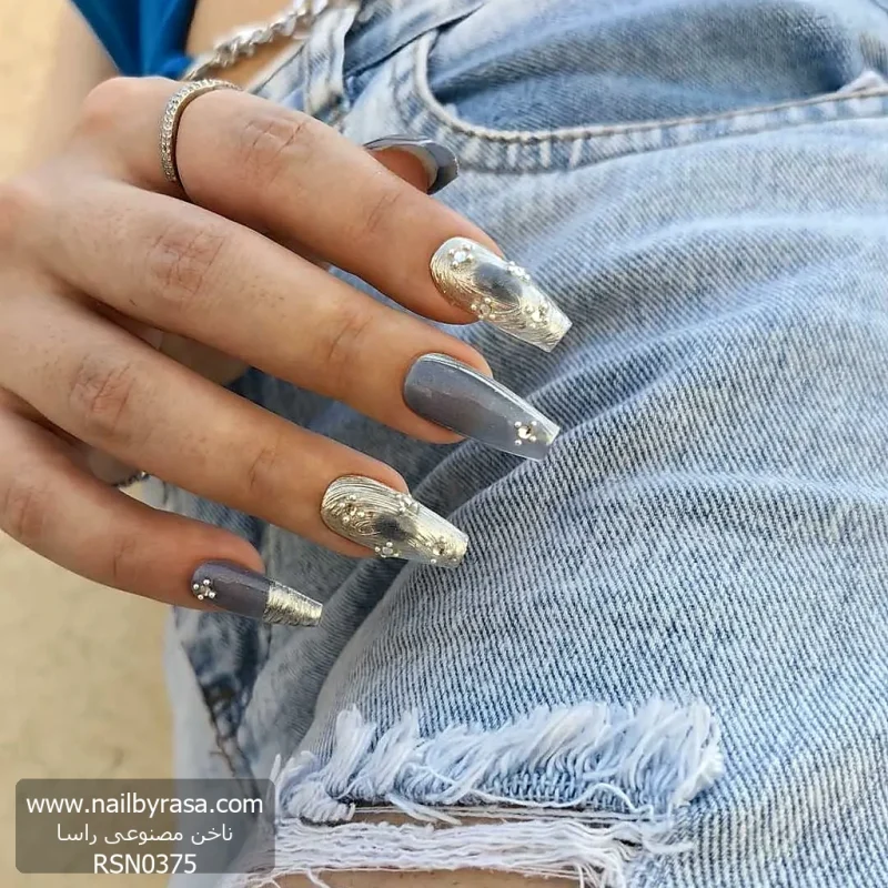 ناخن مصنوعی راسا رنگ آبی طوسی طرح آیس و متالیک RSR1435