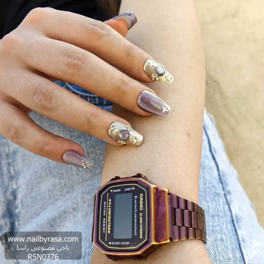 RSN0376 ناخن مصنوعی راسا رنگ یاسی طوسی طرح آیس و متالیک RSR1548