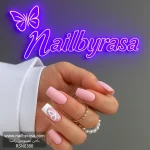 ناخن مصنوعی راسا طرح فنرچ و پاپیون رنگ صورتی فرم مربع