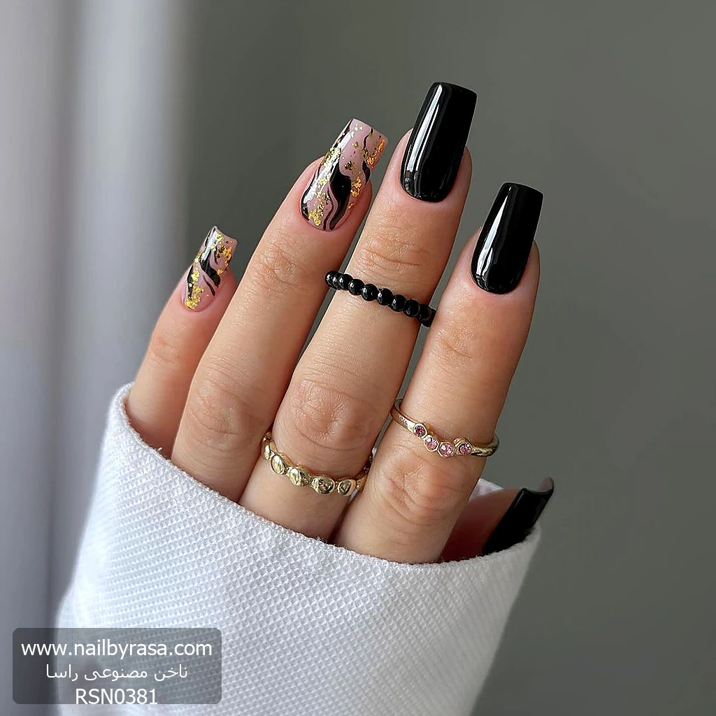 RSN0381-1 ناخن مصنوعی راسا طرح ماربل خطی و ورق طلا رنگ مشکی فرم مربع