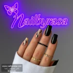 ناخن مصنوعی راسا طرح ماربل خطی و ورق طلا رنگ مشکی فرم مربع