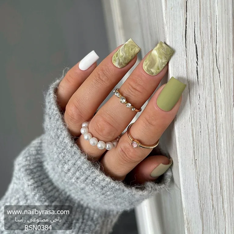 ناخن مصنوعی راسا طرح ماربل کامل رنگ سبز و سفید فرم مربع