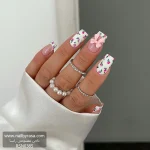 ناخن مصنوعی راسا طرح گل رز و فرنچ و پاپیون رنگ سفید و صورتی فرم مربع