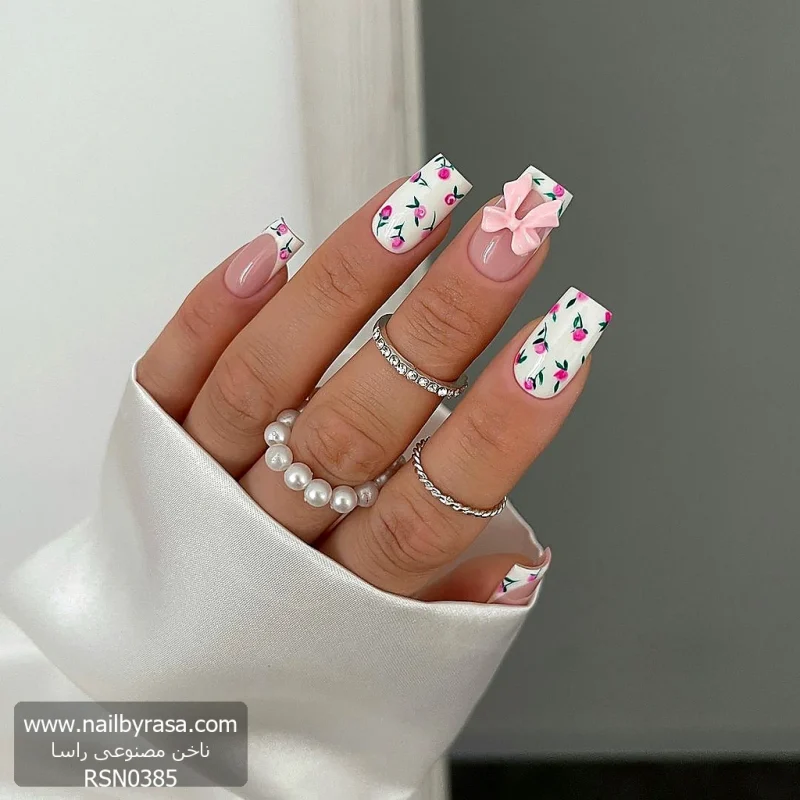 ناخن مصنوعی راسا طرح گل رز و فرنچ و پاپیون رنگ سفید و صورتی فرم مربع