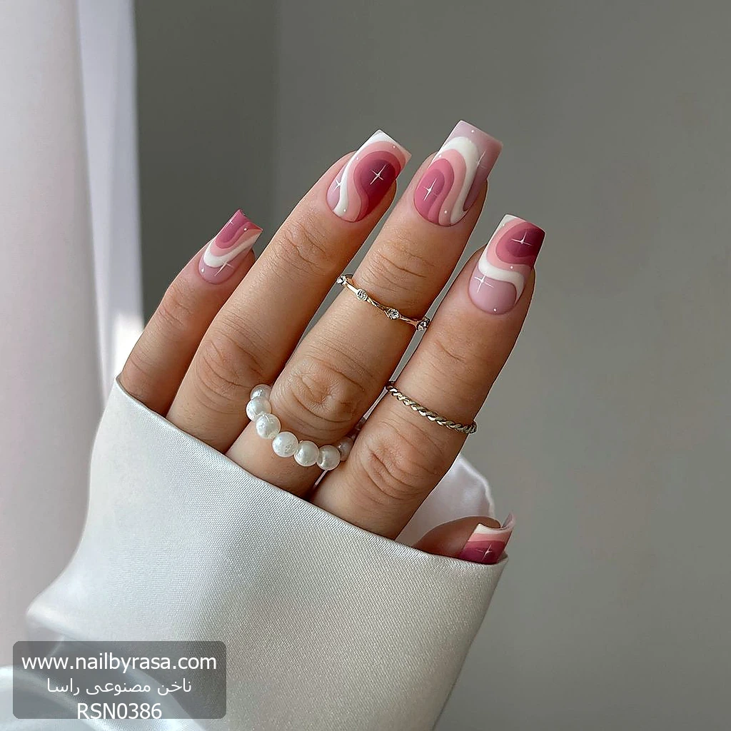 RSN0386 ناخن مصنوعی راسا طرح ماربل لایه ای رنگ سفید کالباسی فرم مربع RSH14